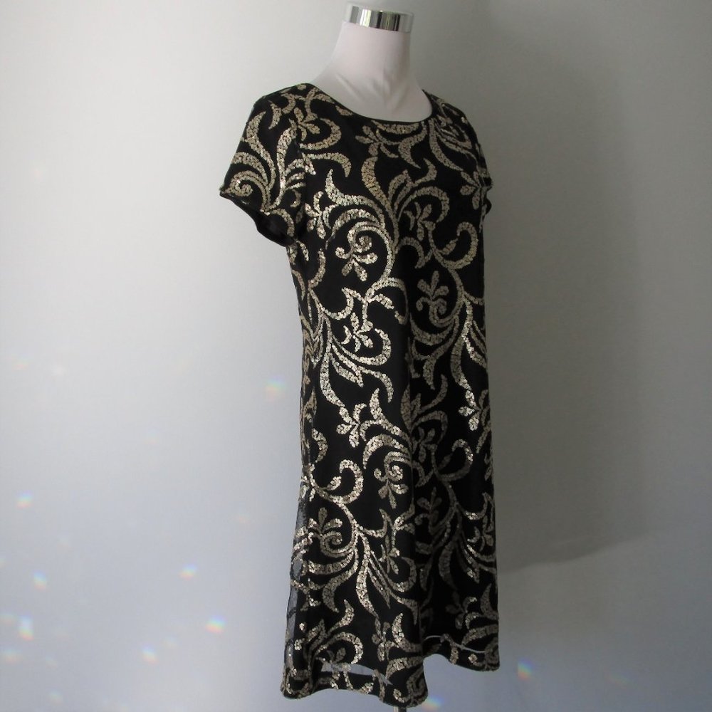 Black Gold Sequin Embellished Cocktail Dress; Excellent Condition; Worn Once - Picture 7 of 14